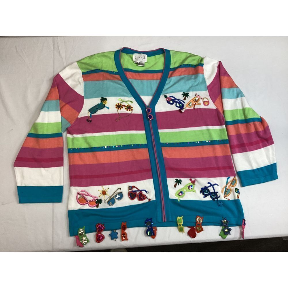Just B Embellished Cardigan Beach Theme Novelty Colorful Striped L Vinage